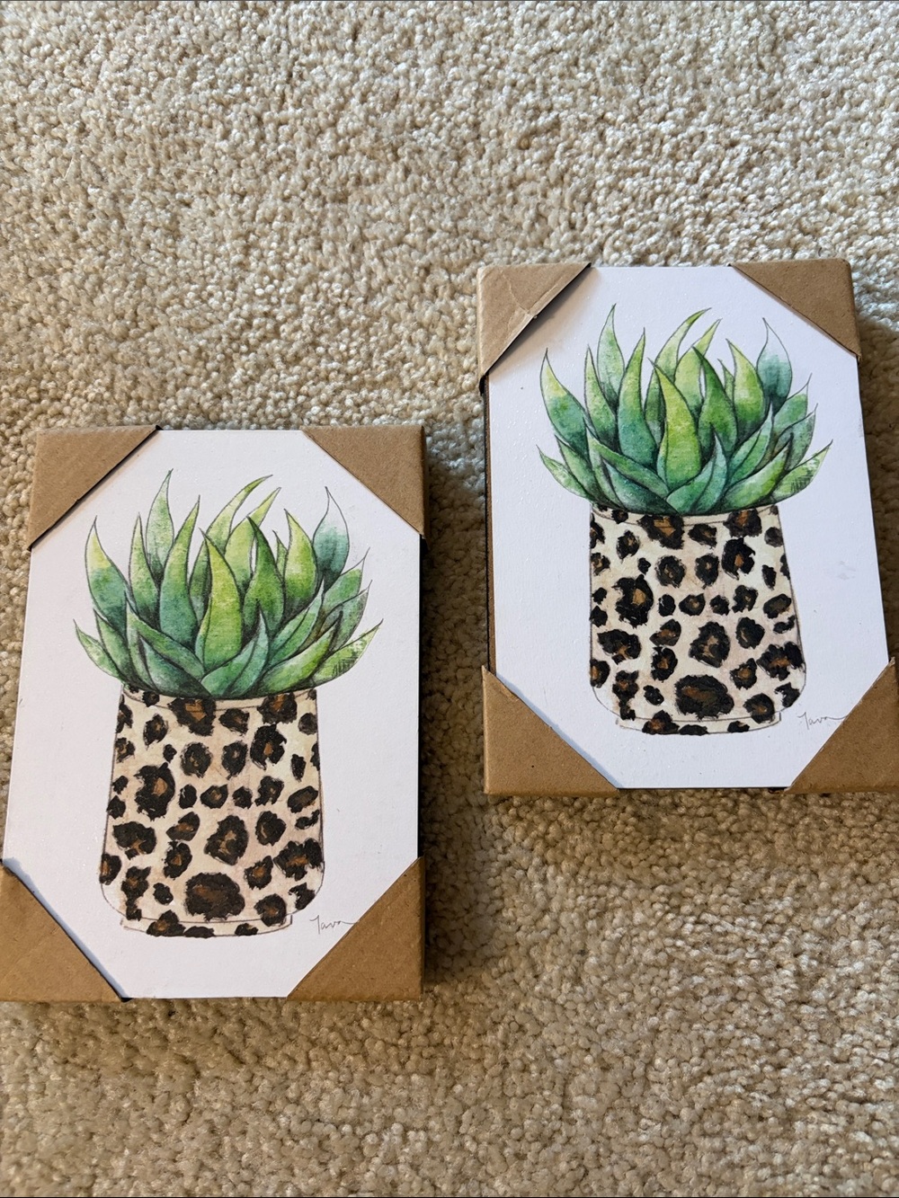 Set of 2 Wall Art- Leopard Print Succulent Canvas Prints - Green & Brown - NWT